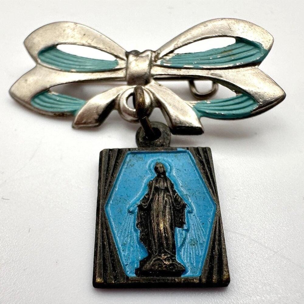 Vintage 90s Catholic Miraculous Medal Bow Pin Virgin Mary Religious Jewelry Y2K